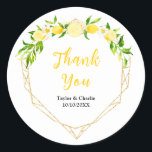 Lemons and Foliage Wedding Thank You Runt Klistermärke<br><div class="desc">This beautiful and elegant wedding thank you sticker features watercolor citrus lemons and foliage on a gold geometric frame. The text combines handwritten script and serif fonts for a stylish and modern look. This is perfect for a spring or summer rustic wedding.</div>