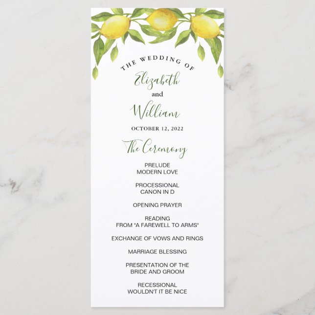 Lemons and Greenery Watercolor Bröllop Ceremony Program (Framsida)