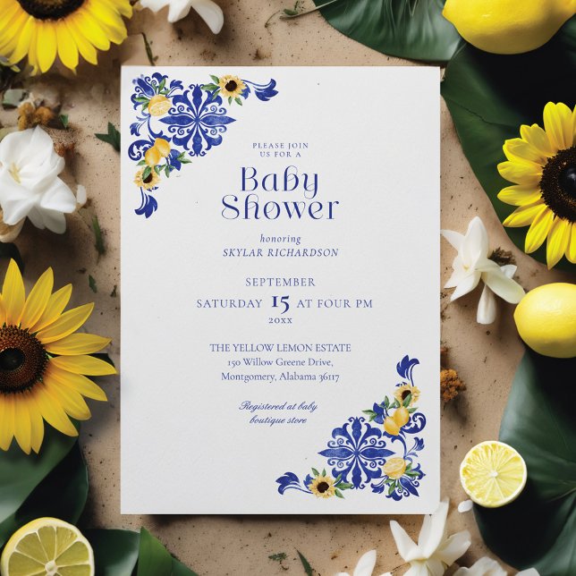Lemons & Antique Blue Pottery Mönster Baby Shower Inbjudningar (Lemons & Antique Blue Pottery Pattern Baby Shower Invitation)