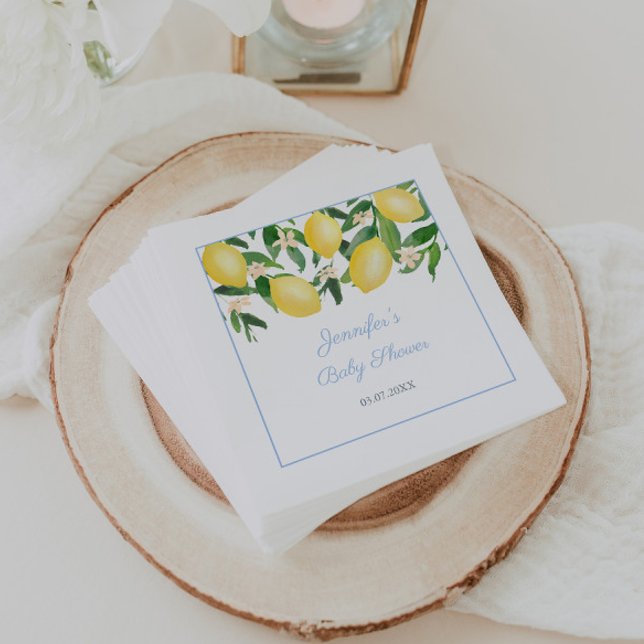 Lemons Blek Blue Boy Baby Shower Party Pappersservett (Watercolor lemons with pale blue accents napkins for baby boy shower )