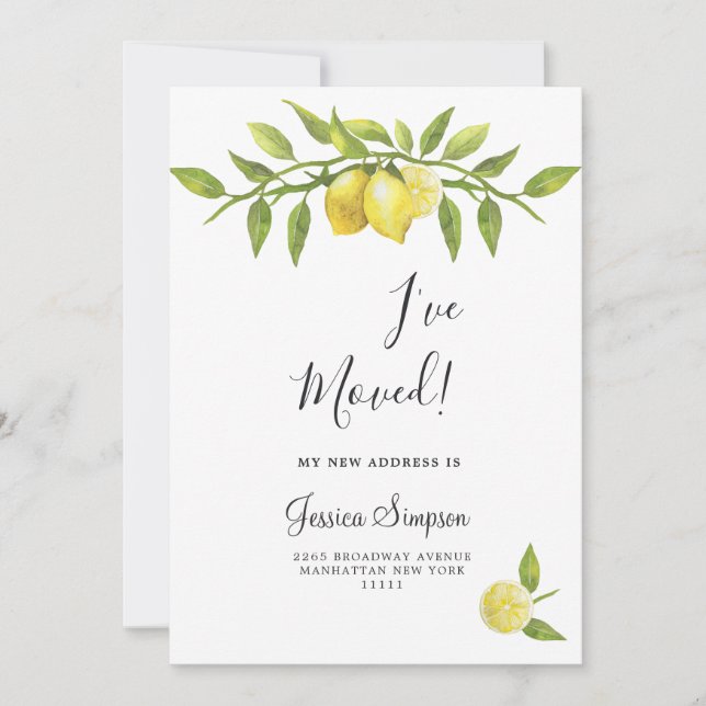 Lemons Blommar Greenery Flytta Announcement Cards Meddelande (Framsida)