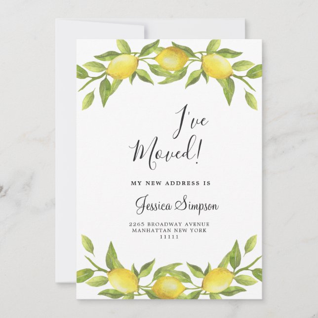 Lemons Blommar Greenery Flytta Announcement Cards Meddelande (Framsida)