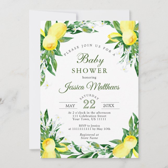 Lemons Blommar Greenery NEUTRALT Baby Shower Inbjudningar (Framsida)