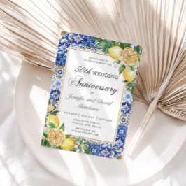 Lemons Blommigt Blue Tiles 50:e Bröllop-årsdagen Inbjudningar