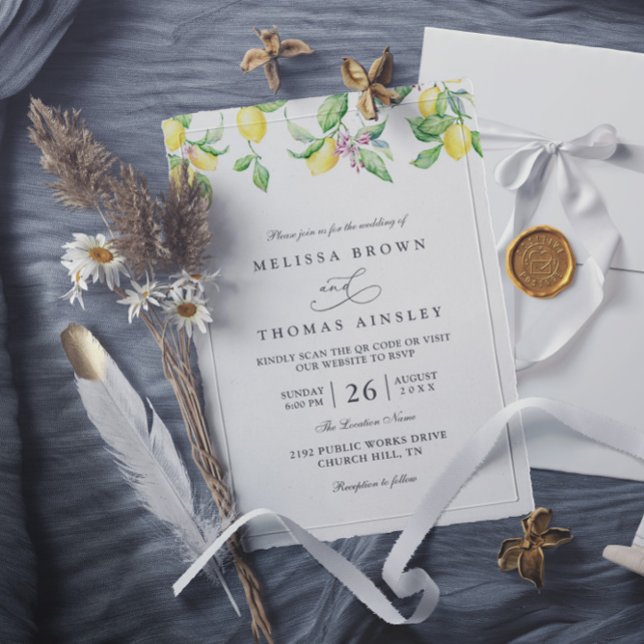 Lemons & Blommor Rustik Elegant QR-kod Bröllop Inbjudningar (Skapare uppladdad)