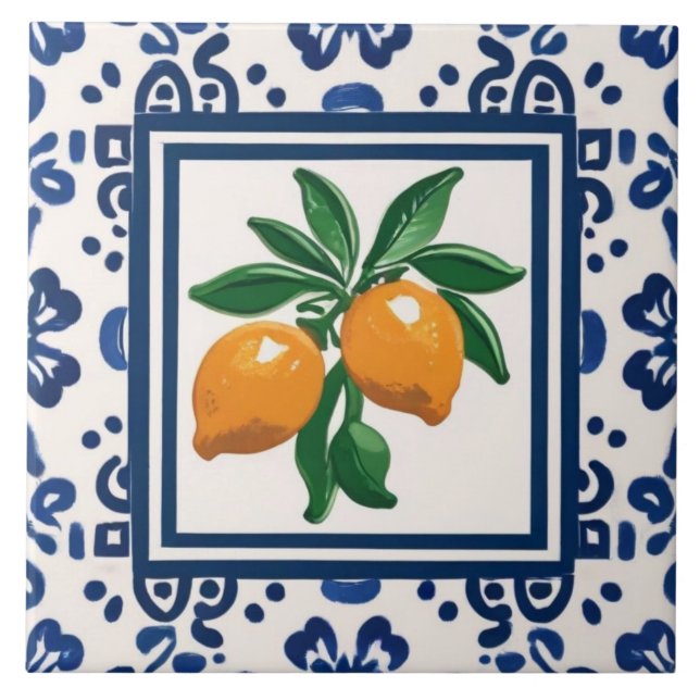 Lemons Blue and White Tribal Folk Art Pattern Kakelplatta (Framsidan)