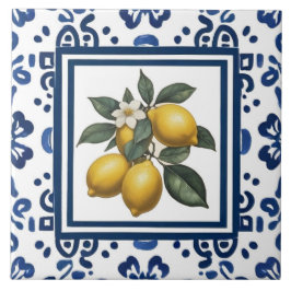 Lemons Blue and White Tribal Folk Art Pattern Kakelplatta