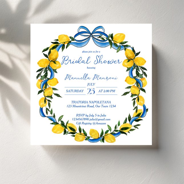 Lemons blue bow ribbon Italienska möhippan Inbjudningar (Lemons blue bow ribbon coquette Italian bridal shower Invitation template summer citrus invites)