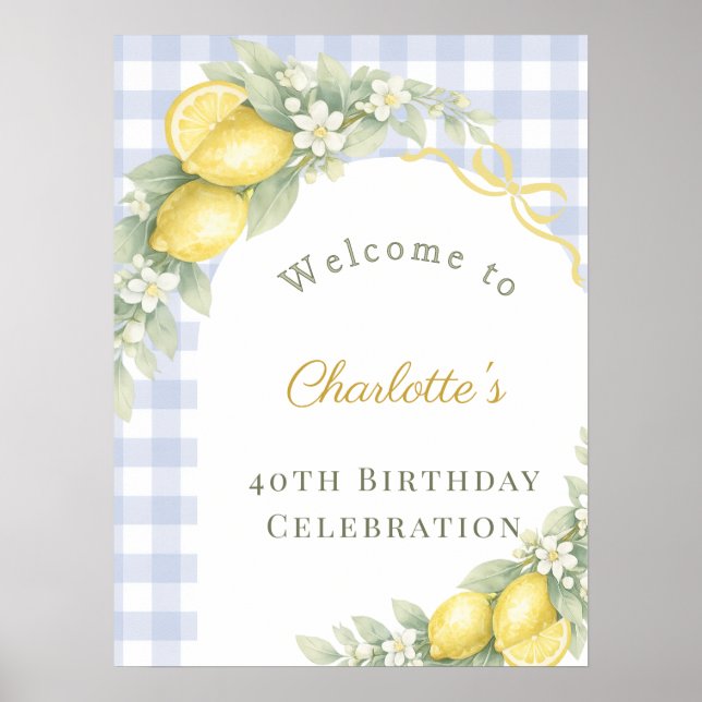 Lemons blue gingham bow garden birthday welcome poster (Framsidan)