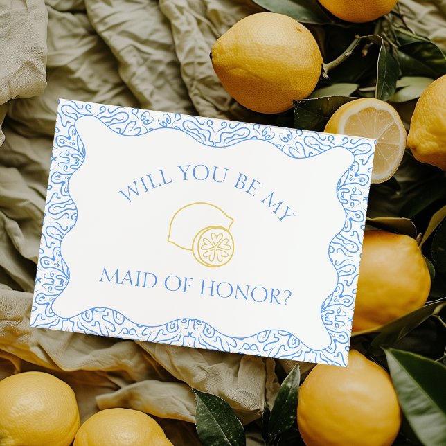 Lemons & Blue Tiles Italienska Maid of honor Frier Kort (Personalize this lemon-themed maid of honor card for your Italian-inspired destination wedding.)