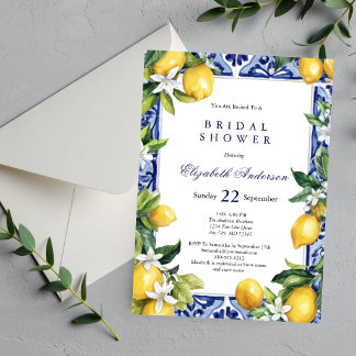 Lemons Blue White Mediterranean Tile Bridal Shower Inbjudningar