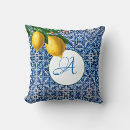 Lemons Blue White Tile, sommarmonogram Kudde