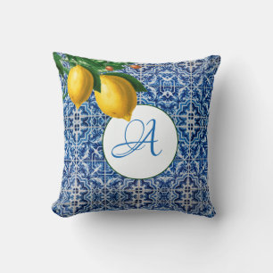 Lemons Blue White Tile, sommarmonogram Kudde