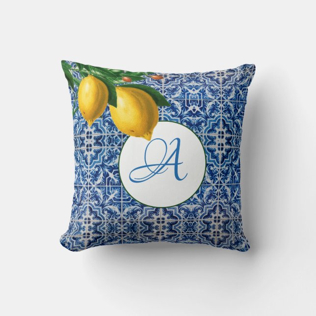 Lemons Blue White Tile, sommarmonogram Kudde (Framsida)