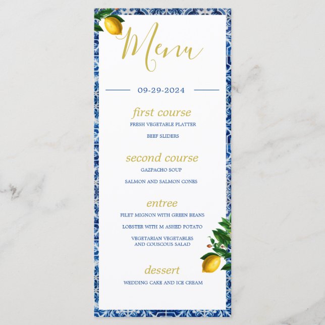 Lemons Blue White Tiles, sommarmonogram Meny (Framsida)