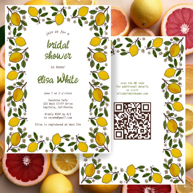 Lemons Cute ANPASSNINGSBAR QR-kodMÖHIPPA Inbjudningar (Lovely Lemons Cute CUSTOM QR Code BRIDAL SHOWER Invitation
)