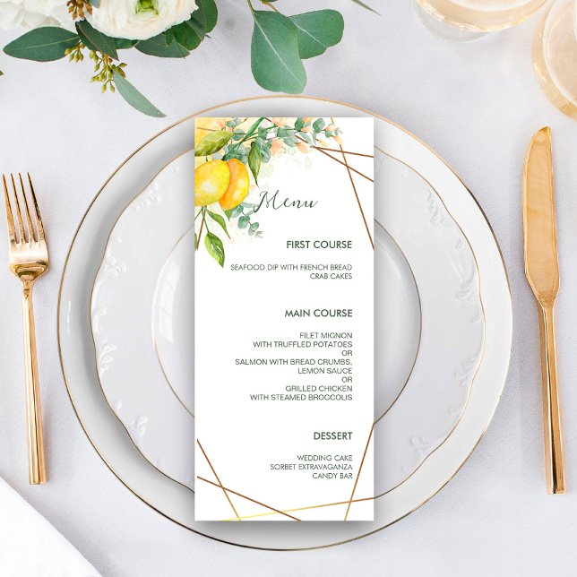 Lemons Eucalyptus Faux Gold Foil Ram Bröllop Meny (Skapare uppladdad)