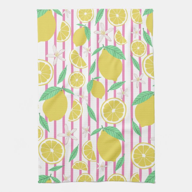 Lemons Flowers Lemonade Stripe Mönster Kökshandduk (Vertikal)