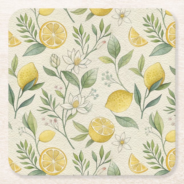 Lemons & Flowers Mönster Papper Underlägg Kvadrat (Framsidan)