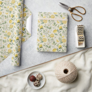 Lemons & Flowers Mönster Wrapping Papper Roll Presentpapper