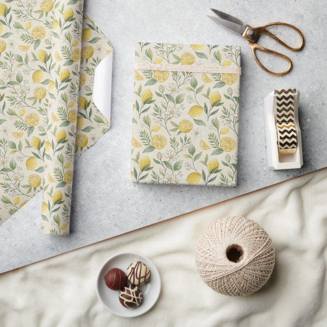 Lemons & Flowers Mönster Wrapping Papper Roll Presentpapper (Hantverk)
