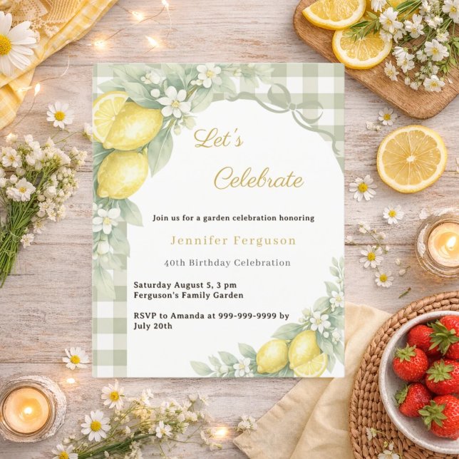 Lemons gingham sage garden tea birthday invitation (Skapare uppladdad)