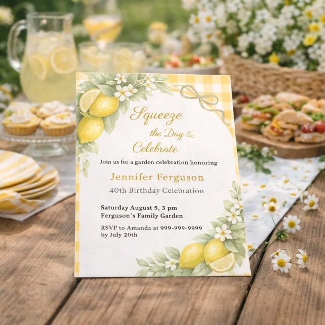 Lemons gingham summer garden birthday invitation (Skapare uppladdad)