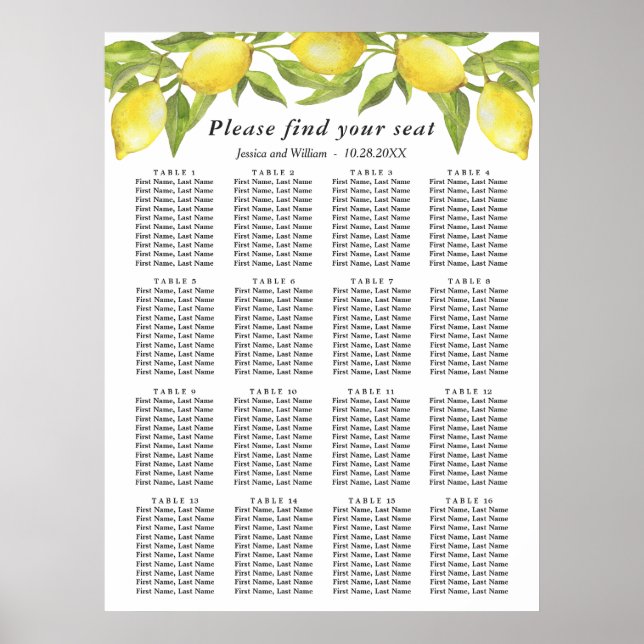 Lemons & Greenery 16 Bord Bröllop, SEATING CHART Poster (Framsidan)