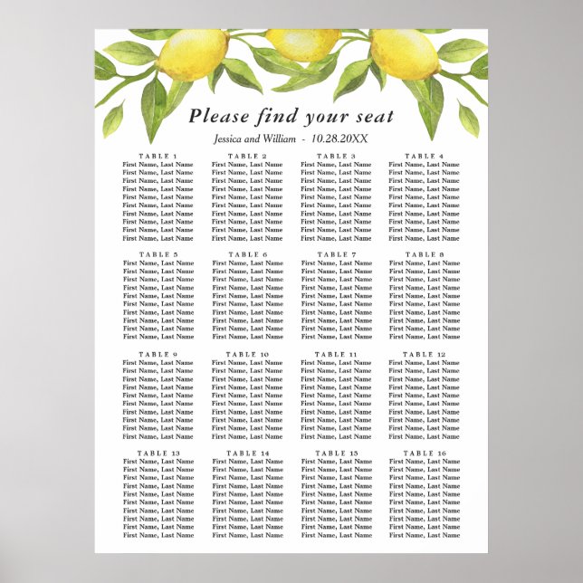Lemons & Greenery 16 Bord Bröllop, SEATING CHART Poster (Framsidan)