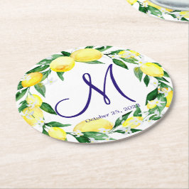 Lemons Greenery Blommar Monogram Underlägg Papper Rund