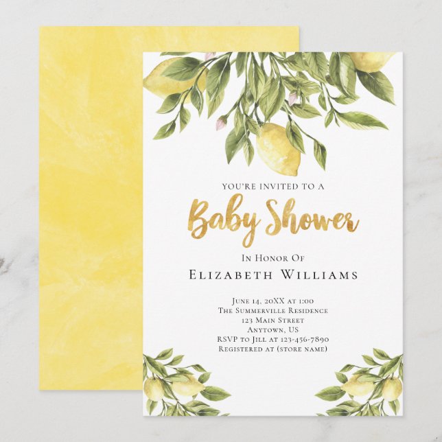 Lemons Greenery Watercolor Baby Shower Inbjudningar (Fram/baksida)