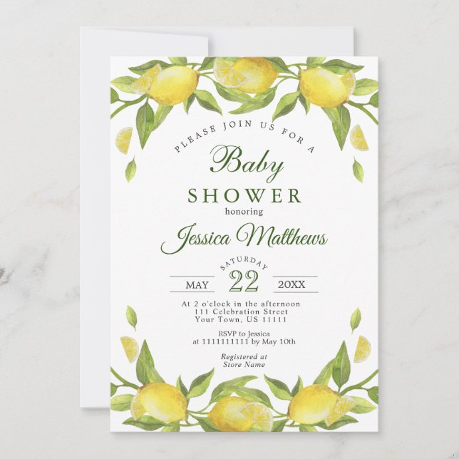 Lemons Greenery Watercolor NEUTRALT Baby Shower Inbjudningar (Framsida)