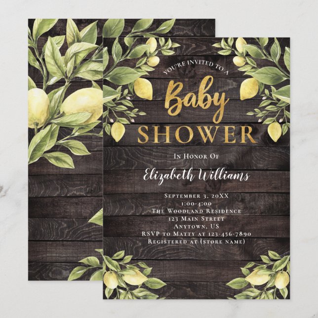 Lemons Greenery Wood Watercolor Baby Shower Inbjudningar (Fram/baksida)