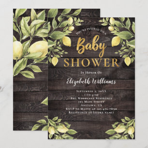 Lemons Greenery Wood Watercolor Baby Shower Inbjudningar