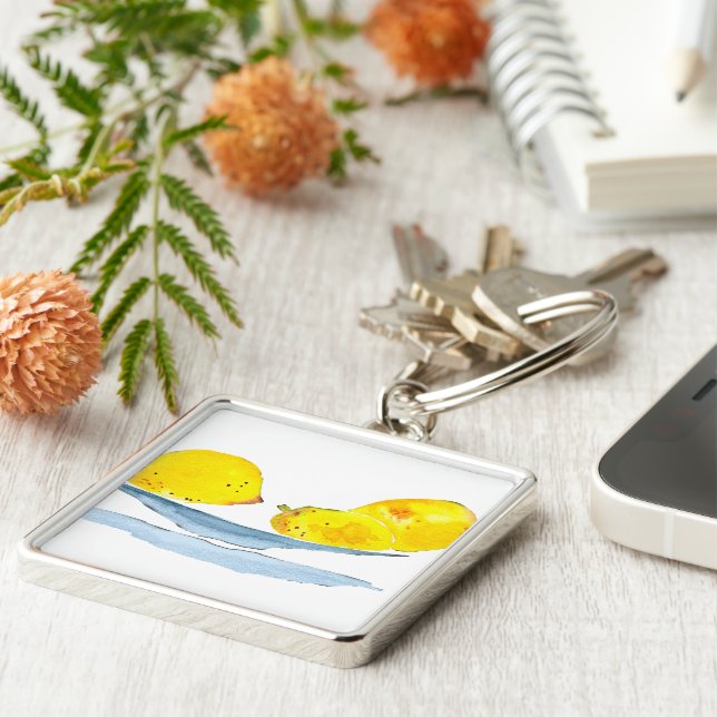 Lemons gult frukt, vattenfärg fyrkantig silverfärgad nyckelring (Sidan)