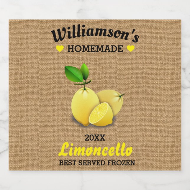 Lemons Homemade Limoncello Rustic Burlap Spritflaskor Etikett (Enkel etikett)