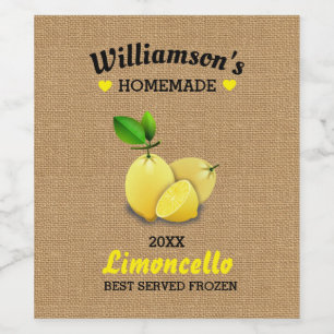 Lemons Homemade Limoncello Rustic Burlap Vinflaska Etikett