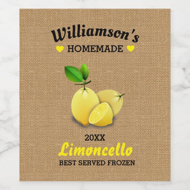 Lemons Homemade Limoncello Rustic Burlap Vinflaska Etikett (Singel etikett)