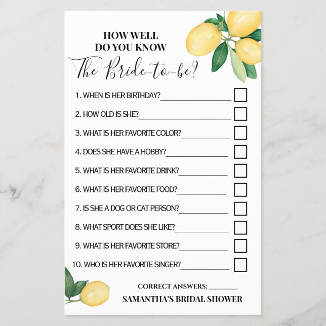 Lemons Hur bra du känner Bride Shower-spelkortet Flygblad (Framsidan)
