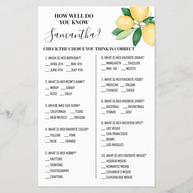 Lemons Hur bra känner du till Bride Shower-spelkor Flygblad (Framsidan)