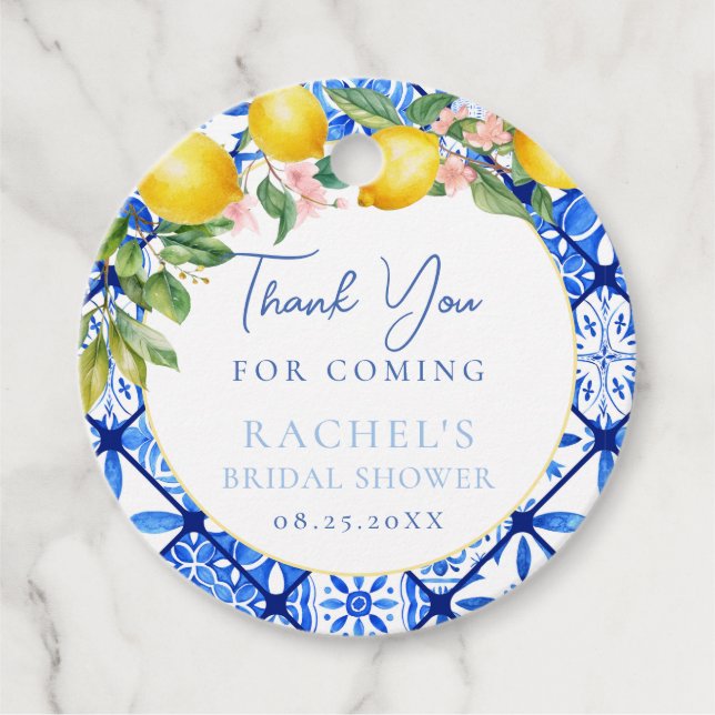 Lemons Italian Blue Tiles Bröllopsdusch Tack  Gåvor Etiketter (Framsida)