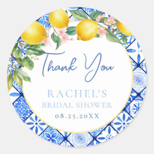 Lemons Italian Blue Tiles Bröllopsdusch Tack  Runt Klistermärke