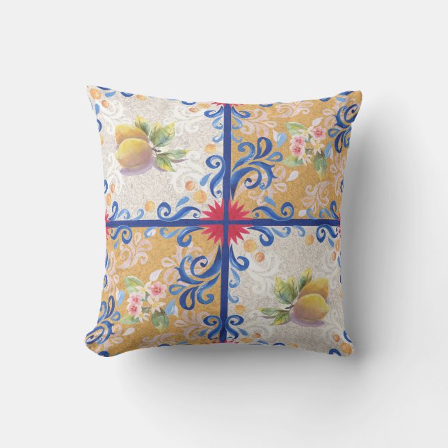 Lemons & Joy_1 Italienska Tiles Stil Tapestry Kudde (Framsida)