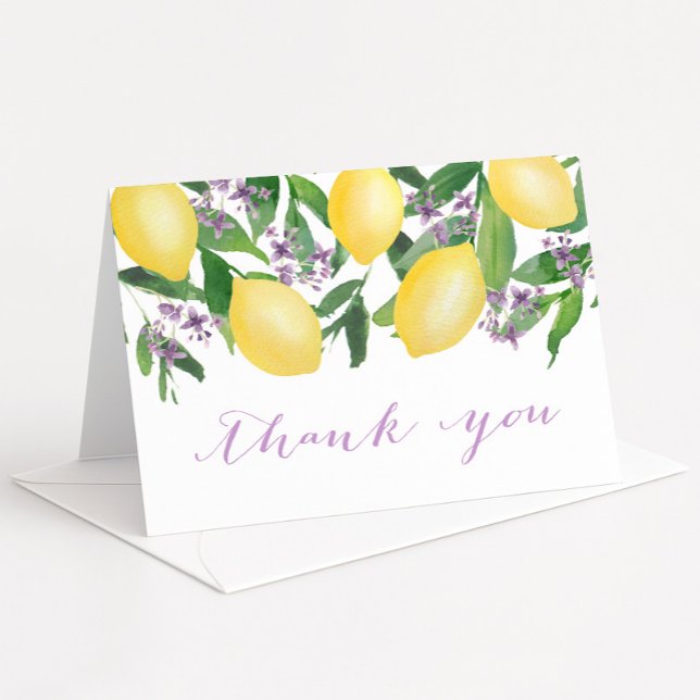 Lemons Lavender Lila Watercolor Citrus Folding Tack Kort (Lemons with lavender blossoms bridal shower thank you card)