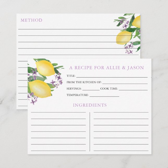 Lemons Lavender-receptkort med lite Namn Inbjudningar (Fram/baksida)