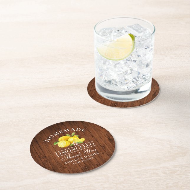 Lemons Limoncello Bröllop Faux Wood Underlägg Papper Rund (Insitu)