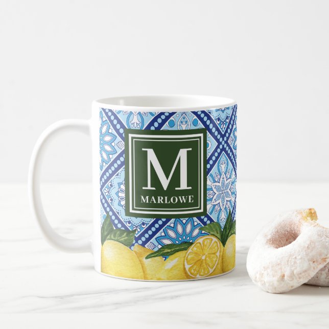 Lemons Mediterranean Blue Tiles Monogram Kaffemugg (Med munk)