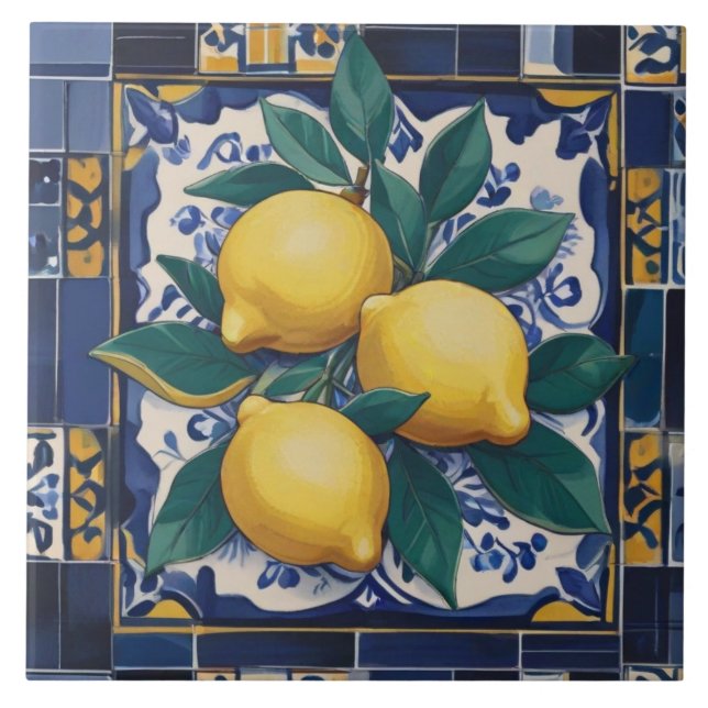 Lemons Mediterranean Dark Blue and Golden Yellow Kakelplatta (Framsidan)