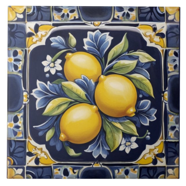 Lemons Mediterranean Dark Blue Italian Folk Art Kakelplatta (Framsidan)