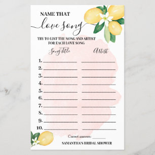 Lemons Namn som Kärlek Sång Rosa Shower Game Card Flygblad
